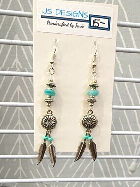 JS Designs Handcrafted Western Silver Plated Blue Glass Rondelle Feather Hook